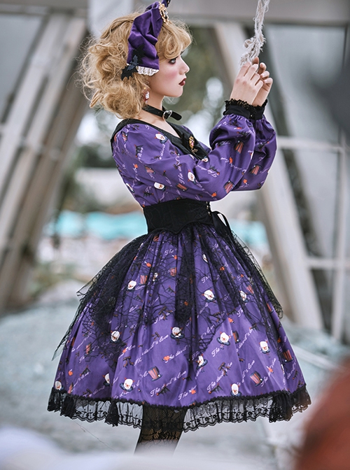 Pure Color Sweet Cool Bat Neck Spider Web Decoration Clown Print Halloween Gothic Lolita Long Sleeve Dress