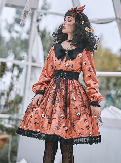 Pure Color Sweet Cool Bat Neck Spider Web Decoration Clown Print Halloween Gothic Lolita Long Sleeve Dress