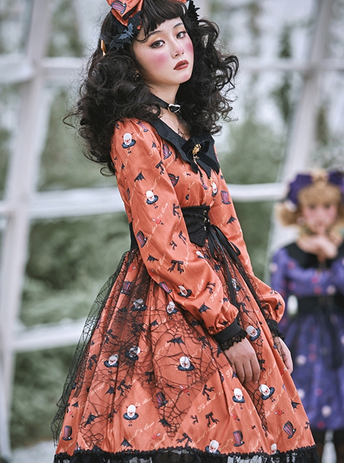 Pure Color Sweet Cool Bat Neck Spider Web Decoration Clown Print Halloween Gothic Lolita Long Sleeve Dress