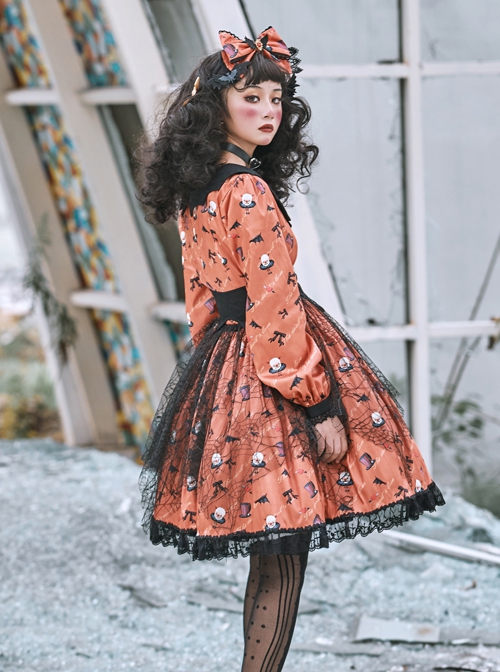 Pure Color Sweet Cool Bat Neck Spider Web Decoration Clown Print Halloween Gothic Lolita Long Sleeve Dress