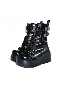 Pure Color Round Toe Lace-Up Metal Chain Decoration Martin Boots Punk Lolita Short Boots