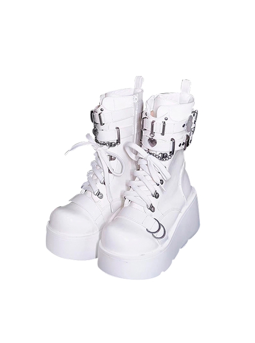 Pure Color Round Toe Lace-Up Metal Chain Decoration Martin Boots Punk Lolita Short Boots