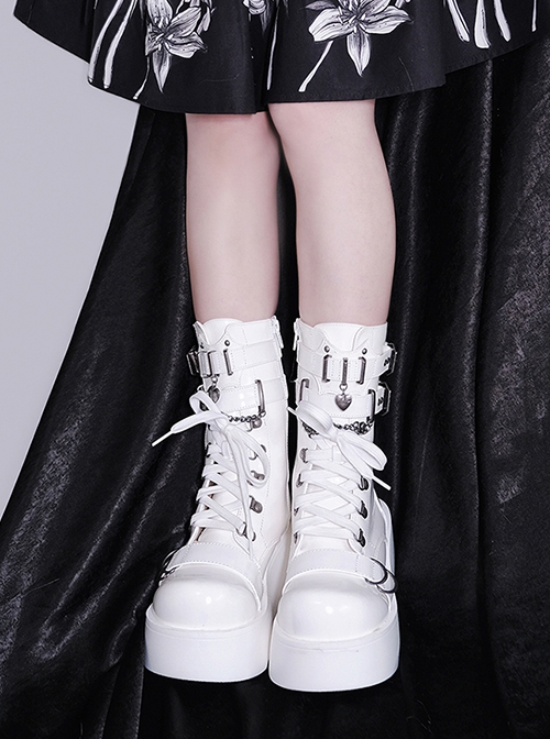 Pure Color Round Toe Lace-Up Metal Chain Decoration Martin Boots Punk Lolita Short Boots