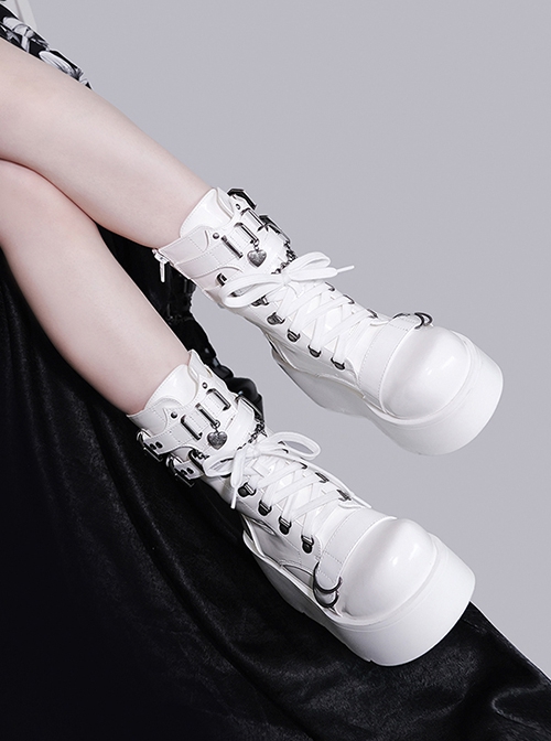 Pure Color Round Toe Lace-Up Metal Chain Decoration Martin Boots Punk Lolita Short Boots