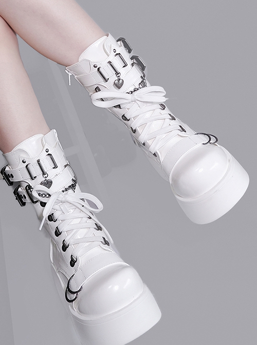 Pure Color Round Toe Lace-Up Metal Chain Decoration Martin Boots Punk Lolita Short Boots