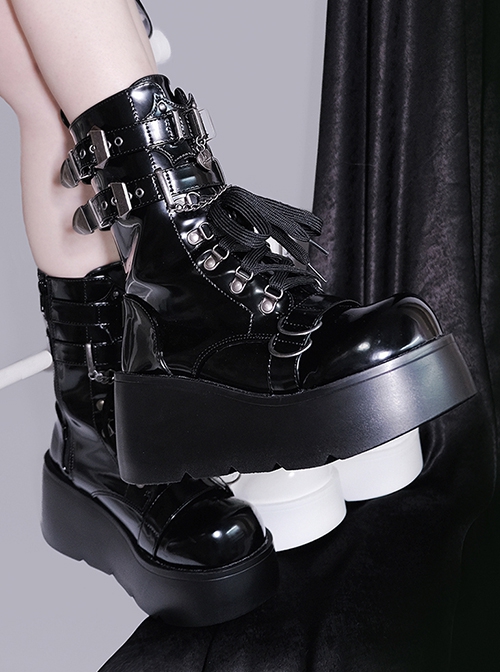 Pure Color Round Toe Lace-Up Metal Chain Decoration Martin Boots Punk Lolita Short Boots