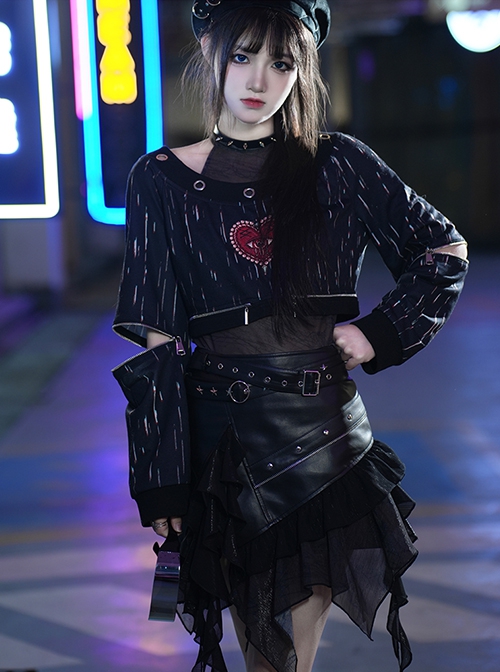 Rebel Sweetheart Series Punk Retro Fashion Zipper Hollow Sleeve Design Irregular Hem Skirt Punk Lolita Black Skirt Set