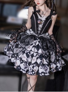 Checkerboard Game Series Lace Lace-Up Corset Checkerboard Print Split Type Black Gothic Lolita Sleeveless Corset Skirt Set