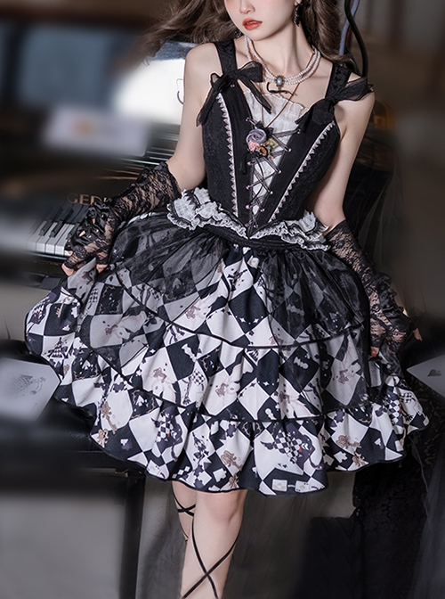 Checkerboard Game Series Lace Lace-Up Corset Checkerboard Print Split Type Black Gothic Lolita Sleeveless Corset Skirt Set