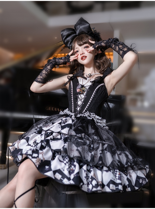 Checkerboard Game Series Lace Lace-Up Corset Checkerboard Print Split Type Black Gothic Lolita Sleeveless Corset Skirt Set