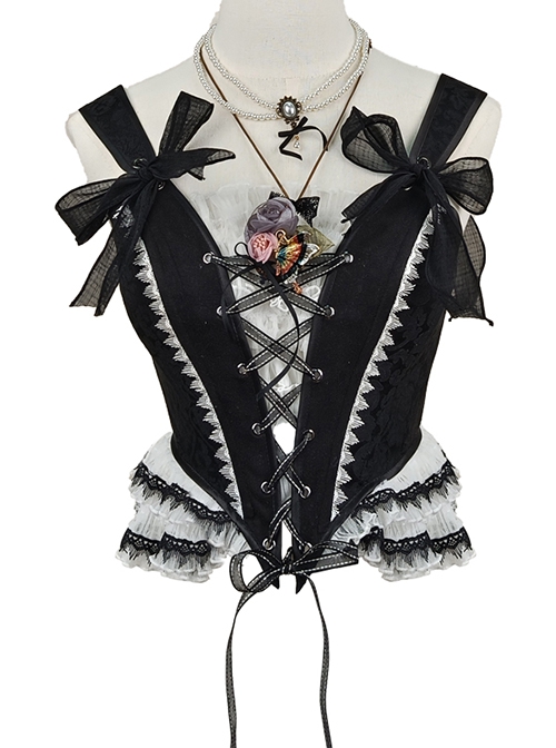 Checkerboard Game Series Lace Lace-Up Corset Checkerboard Print Split Type Black Gothic Lolita Sleeveless Corset Skirt Set