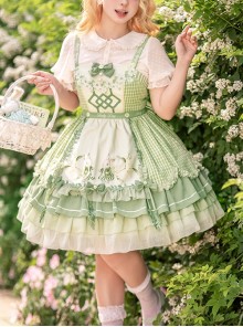 Lucky Day Series Green Plaid Stitching Small Fresh Rabbit Print Cute Girly Sweet Lolita Sleeveless Dress Set