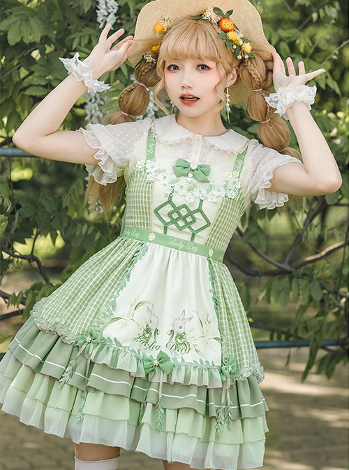 Lucky Day Series Green Plaid Stitching Small Fresh Rabbit Print Cute Girly Sweet Lolita Sleeveless Dress Set