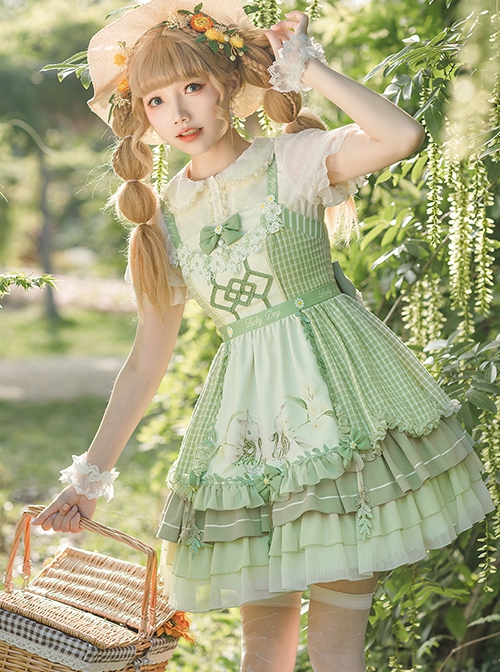 Lucky Day Series Green Plaid Stitching Small Fresh Rabbit Print Cute Girly Sweet Lolita Sleeveless Dress Set