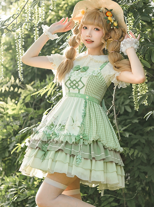 Lucky Day Series Green Plaid Stitching Small Fresh Rabbit Print Cute Girly Sweet Lolita Sleeveless Dress Set