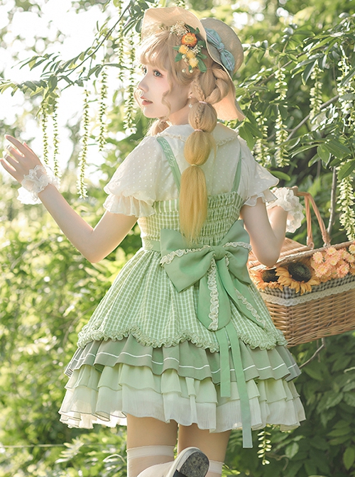 Lucky Day Series Green Plaid Stitching Small Fresh Rabbit Print Cute Girly Sweet Lolita Sleeveless Dress Set