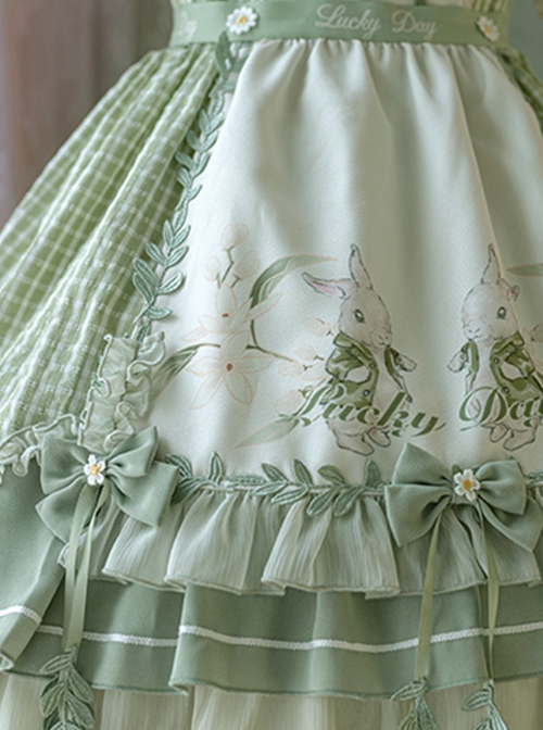 Lucky Day Series Green Plaid Stitching Small Fresh Rabbit Print Cute Girly Sweet Lolita Sleeveless Dress Set