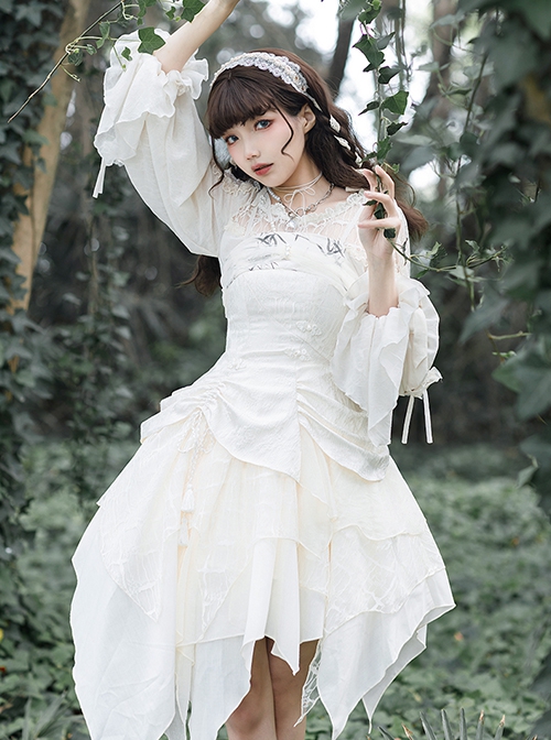 White Elegant Irregular Long Sleeve Top Bamboo Printed Jacquard Fabric Irregular Hem Classic Lolita Sleeveless Dress Set