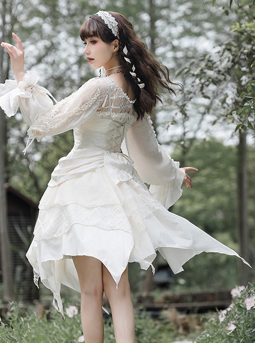 White Elegant Irregular Long Sleeve Top Bamboo Printed Jacquard Fabric Irregular Hem Classic Lolita Sleeveless Dress Set