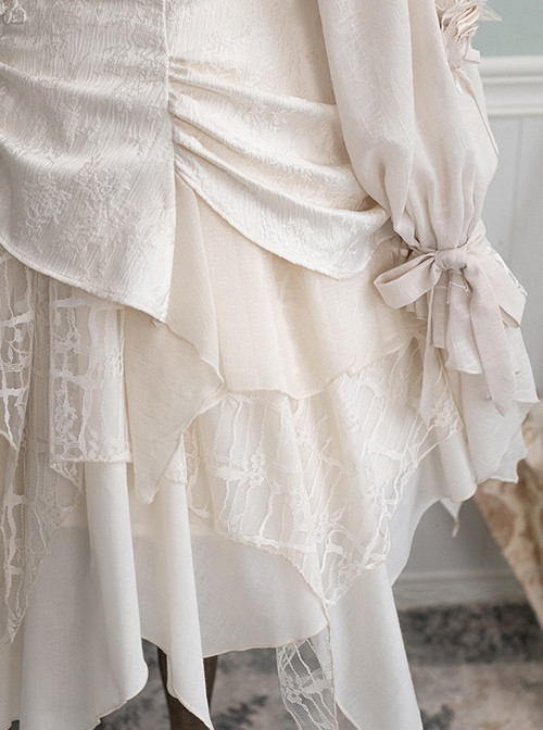 White Elegant Irregular Long Sleeve Top Bamboo Printed Jacquard Fabric Irregular Hem Classic Lolita Sleeveless Dress Set