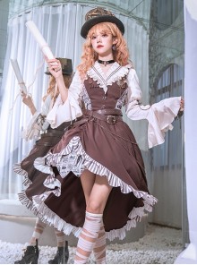 British Punk Style Retro Brown Striped Irregular Hem Skirt Stitching Vest Design Punk Lolita Shirt Skirt Suit