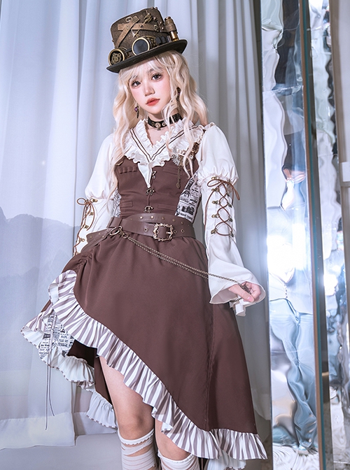 British Punk Style Retro Brown Striped Irregular Hem Skirt Stitching Vest Design Punk Lolita Shirt Skirt Suit