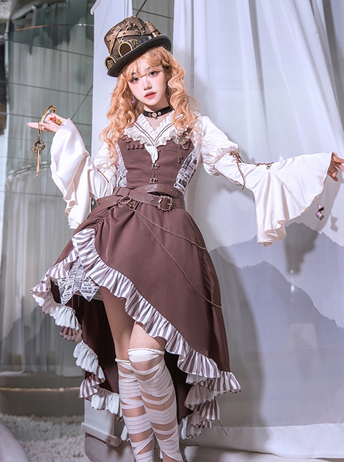 British Punk Style Retro Brown Striped Irregular Hem Skirt Stitching Vest Design Punk Lolita Shirt Skirt Suit