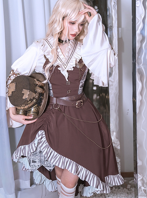 British Punk Style Retro Brown Striped Irregular Hem Skirt Stitching Vest Design Punk Lolita Shirt Skirt Suit