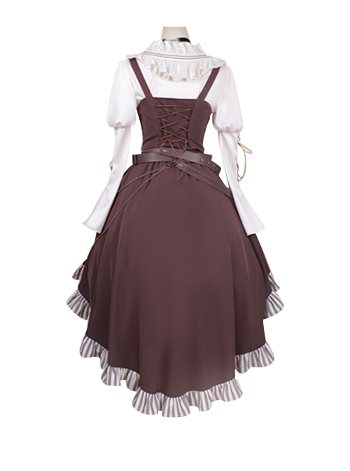 British Punk Style Retro Brown Striped Irregular Hem Skirt Stitching Vest Design Punk Lolita Shirt Skirt Suit