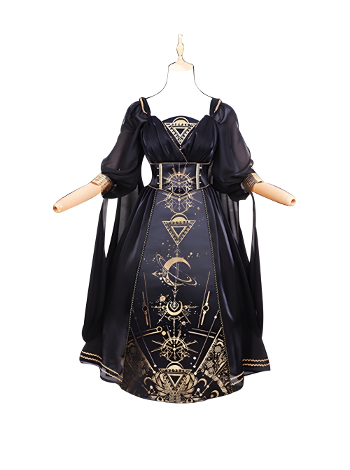 Horus' Nightmare Series Gorgeous Golden Print Black Ancient Egypt Exotic Classic Lolita Sleeveless Dress Set