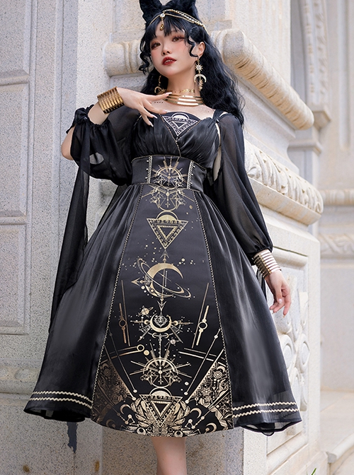 Horus' Nightmare Series Gorgeous Golden Print Black Ancient Egypt Exotic Classic Lolita Sleeveless Dress Set