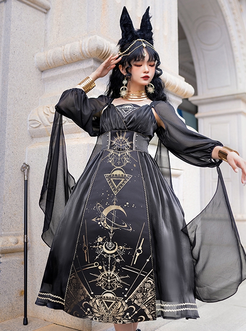 Horus' Nightmare Series Gorgeous Golden Print Black Ancient Egypt Exotic Classic Lolita Sleeveless Dress Set