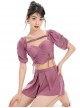 Pure Color Sexy Cool Girl Slim Fit Lace-Up Design Short Sleeve Split Type Swimsuit