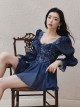 Blue Retro Floral Sexy Square Neck Backless Sunscreen Long Sleeve One-Piece Swimsuit