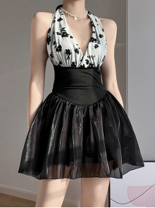 Sexy Deep V Black-White Floral Halter Neck Backless Slim Fit Sleeveless One-Piece Swimsuit