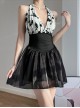 Sexy Deep V Black-White Floral Halter Neck Backless Slim Fit Sleeveless One-Piece Swimsuit