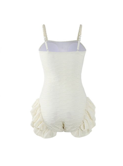 White Sweet Bowknot Decorated Ruffles Simple Slim Fit Sleeveless One-Piece Swimsuit