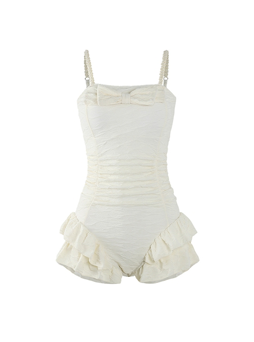 White Sweet Bowknot Decorated Ruffles Simple Slim Fit Sleeveless One-Piece Swimsuit