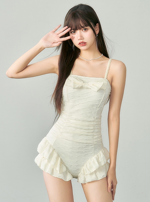 White Sweet Bowknot Decorated Ruffles Simple Slim Fit Sleeveless One-Piece Swimsuit