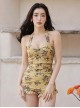 Retro Yellow Floral Sexy Halter Neck Sleeveless One-Piece Swimsuit