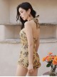 Retro Yellow Floral Sexy Halter Neck Sleeveless One-Piece Swimsuit