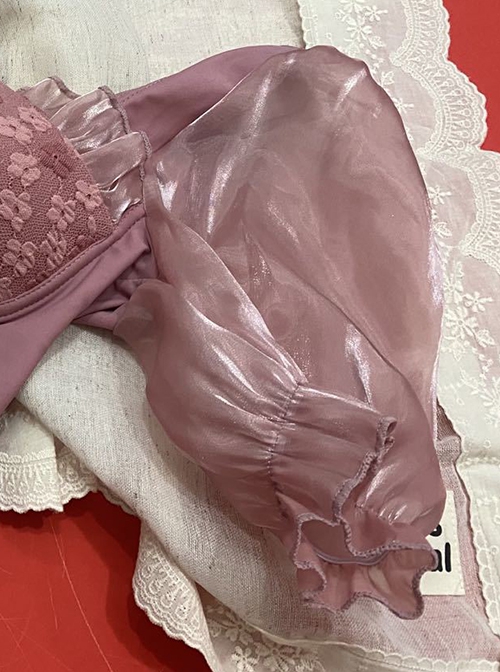 Pink Jacquard Stitching Sweet Slim Fit Lantern Sleeve Short Sleeve One-Piece Swimsuit