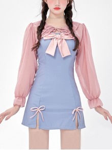 Pink Sweet Bowknot Decoration Long-Sleeved Sunscreen Short Coat Blue Simple Design Sleeveless One-Piece Swimsuit Set