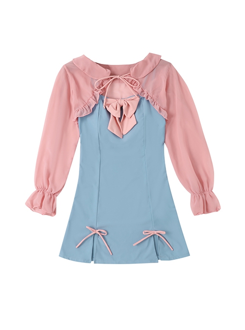 Pink Sweet Bowknot Decoration Long-Sleeved Sunscreen Short Coat Blue Simple Design Sleeveless One-Piece Swimsuit Set