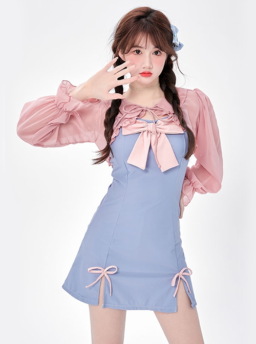 Pink Sweet Bowknot Decoration Long-Sleeved Sunscreen Short Coat Blue Simple Design Sleeveless One-Piece Swimsuit Set