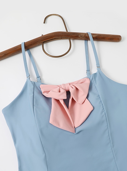 Pink Sweet Bowknot Decoration Long-Sleeved Sunscreen Short Coat Blue Simple Design Sleeveless One-Piece Swimsuit Set