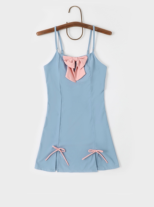 Pink Sweet Bowknot Decoration Long-Sleeved Sunscreen Short Coat Blue Simple Design Sleeveless One-Piece Swimsuit Set