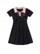 Cherry Girl Pink-Black Color Contrast Lapel Lace-Up Student Cute Conservative Short-Sleeved One-Piece Swimsuit