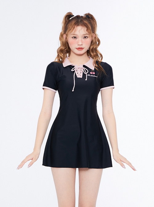 Cherry Girl Pink-Black Color Contrast Lapel Lace-Up Student Cute Conservative Short-Sleeved One-Piece Swimsuit