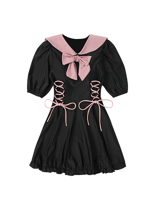 Preppy Style Lapel Bowknot Decoration Lace-Up Black-Pink Student Conservative Short-Sleeved One-Piece Swimsuit